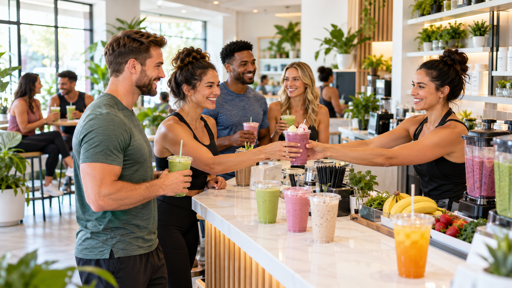 Customers enjoying shakes in a modern nutrition club