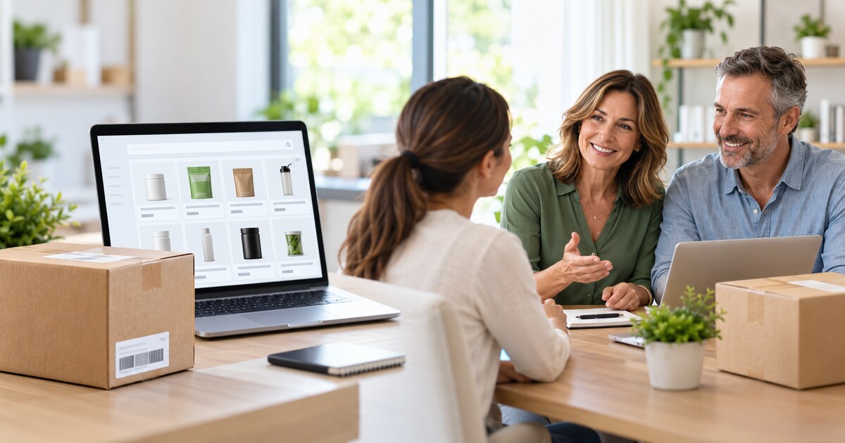 Customer receiving personal support from independent wellness distributors while comparing online shopping options