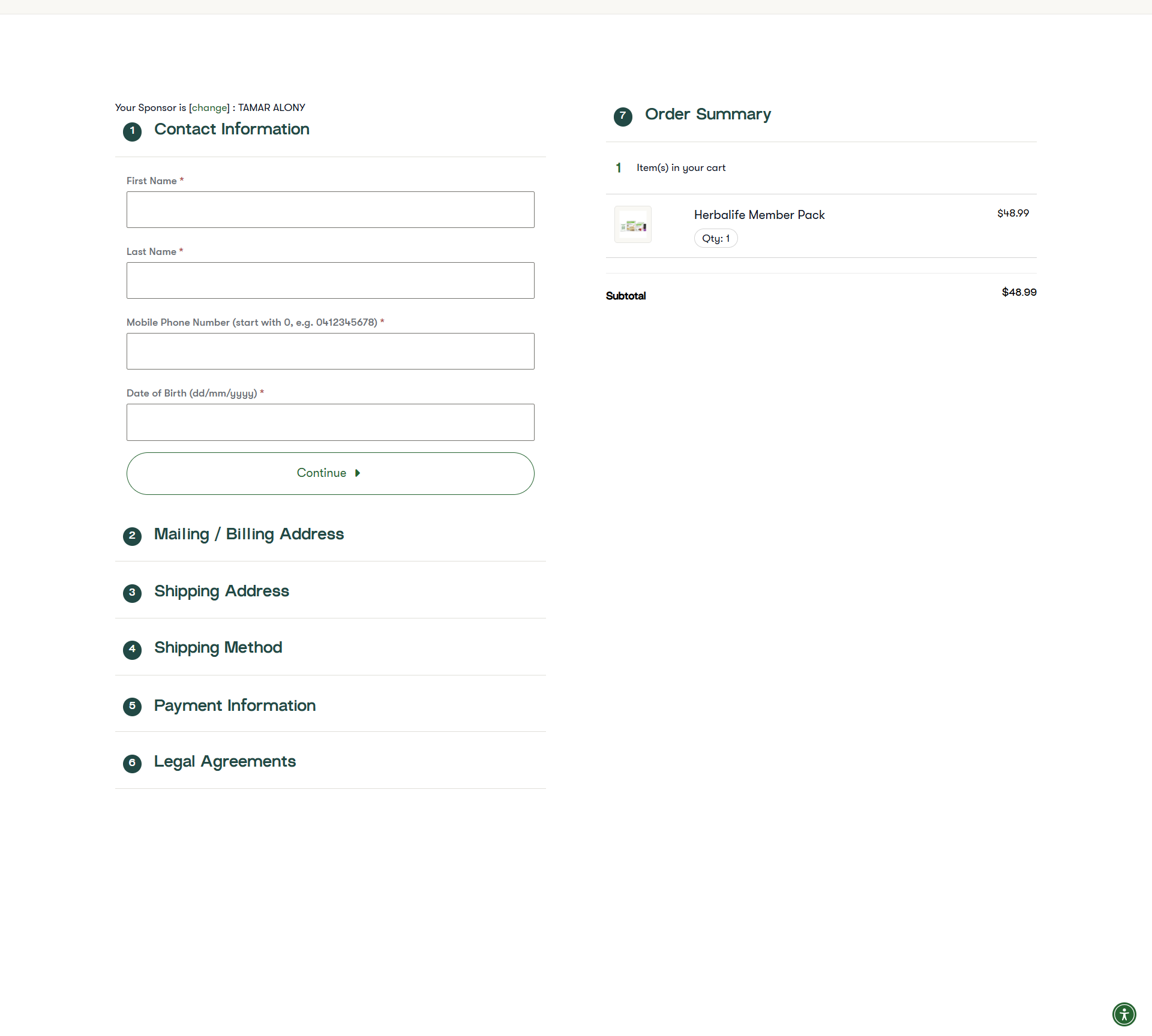 Australian Herbalife registration form with blank applicant fields and order summary